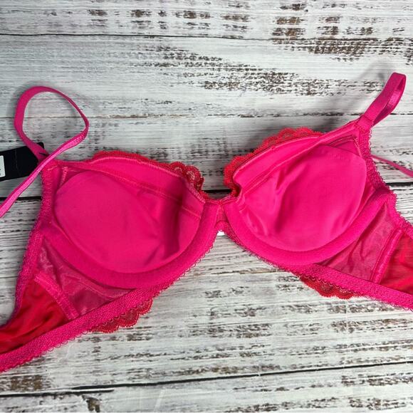 Gossard 34A Superboost Lace Padded Plunge Bra Rose Red Pink Underwire Mesh - Picture 9 of 14